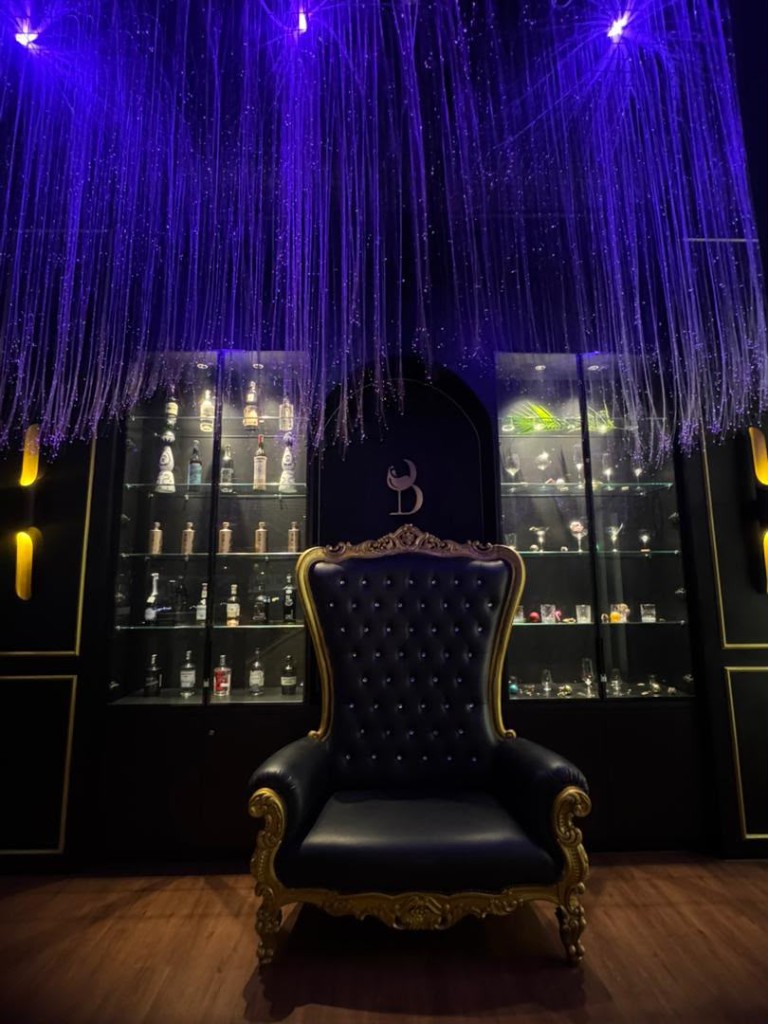 VIP throne seating under purple fiber-optic lights at Tipsy Plus One